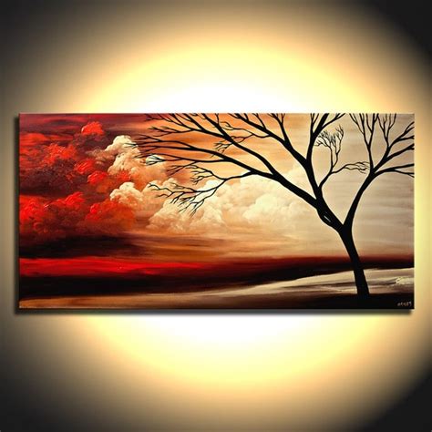 Original Red Landscape Painting on Canvas Tree Art Earth Tones