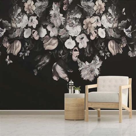 Dark Color Vintage Black and White Floral Wallpaper Wall Murals Oil ...