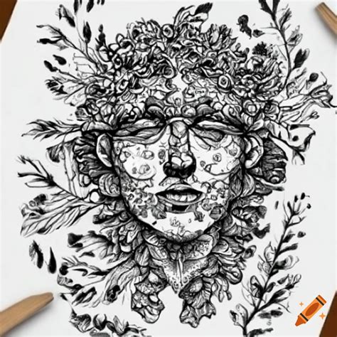 Intricate pen drawing of a green man with oak leaves