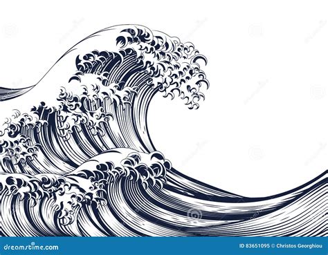 `The Great Wave In Kanagawa`, Also Known As The Great Wave. Black And White Drawing Vector ...