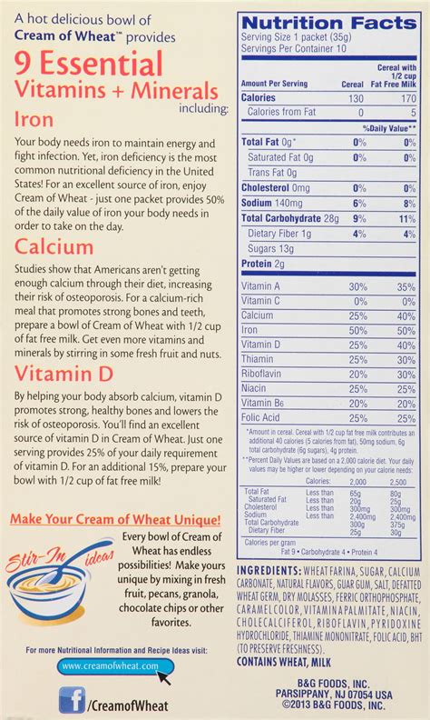 Cream Of Wheat Packet Nutrition - NutritionWalls