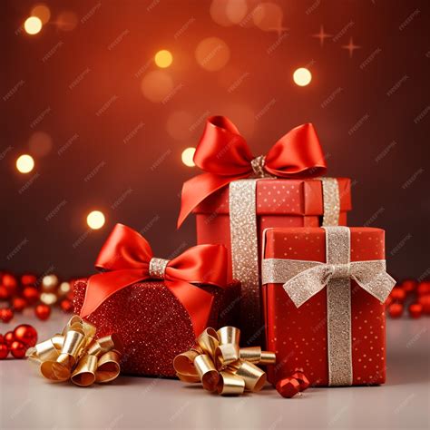 Premium AI Image | 2023 Realistic Red Gift Boxes with Gold Ribbon Gift Bow Set Christmas ...