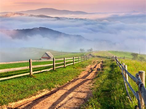 Nature scenery, countryside, mountains, grass, mist, village, road wallpaper | travel and world ...