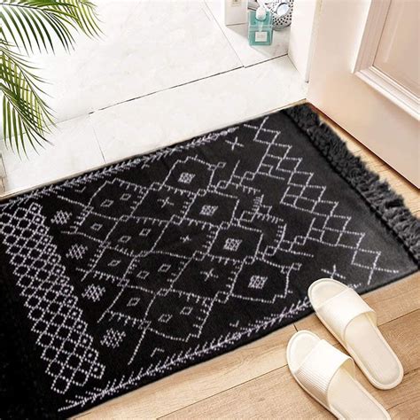 Boho Bathroom Rug Black and White Bath Mat Cotton Woven with | Etsy