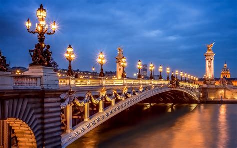 Paris, França, cidade, noite, luzes, Pont Alexandre III, ponte Papéis ...