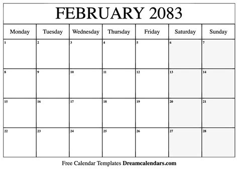 February 2083 Calendar - Free Printable with Holidays and Observances