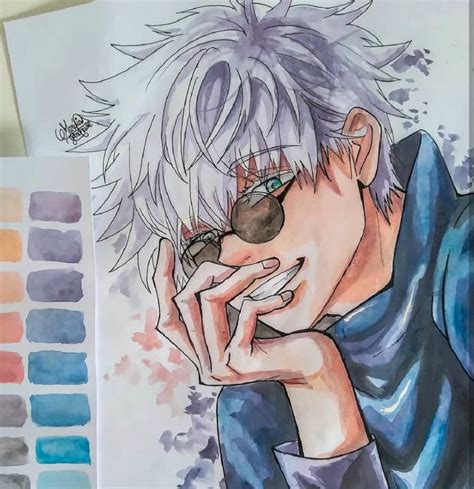 a drawing of an anime character with shades on his face and eyeglasses, next to watercolor swatches