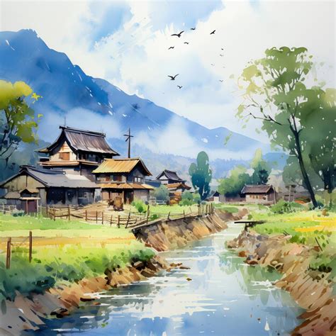 Premium AI Image | Watercolor scene with village Watercolor scenery ...