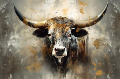 Premium AI Image | Painting of a bull with horns and a large horn on a wall generative ai