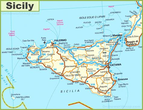 Road map of Sicily with cities and towns