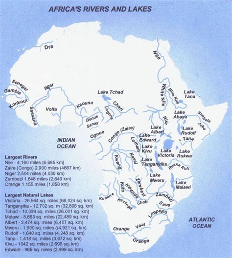 a map of africa with rivers and lakes labeled in white on blue background, showing the location ...