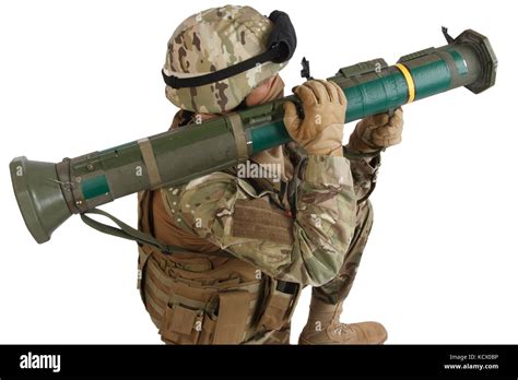 US ARMY soldier with recoilless rocket launcher isolated on white Stock ...