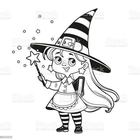 Cute Cartoon Witch With A Magic Wand Black And White On White ...