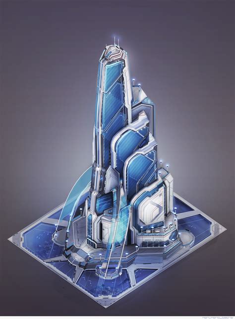 a futuristic blue building on top of a gray surface with light coming ...