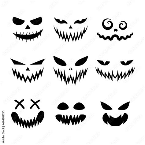 Set of scary and funny faces for Halloween pumpkin or ghost. Jack-o-lantern facial expressions ...