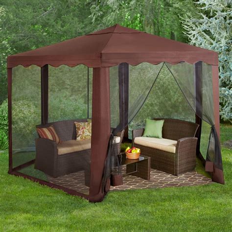 Brown Outdoor Patio Hexagon Gazebo w/ Screen 13' W Backyard Canopy Dining Tent - Gazebos