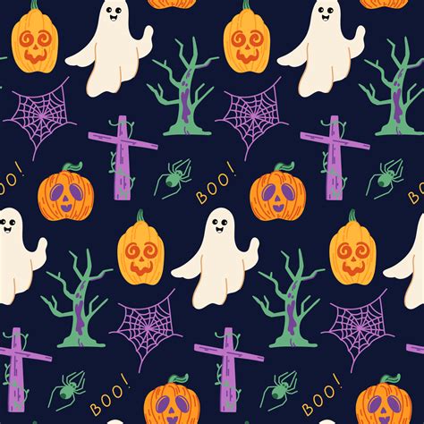 Seamless pattern of cute halloween ghosts and pumpkins on blue background. Vector happy ...