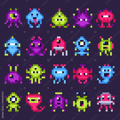 Pixel space monsters. Arcade video games robots, retro game invaders ...