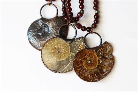 Ammonite Necklace - Fossil Jewelry - Garnet Jewelry - Large Stone ...