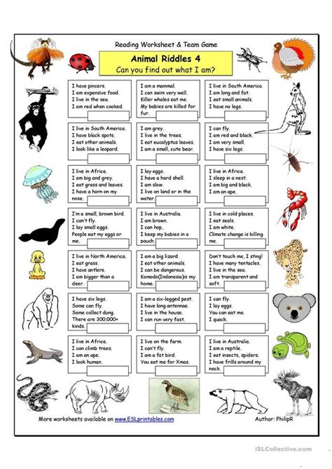 Animal Riddles 4 (more difficult) - English ESL Worksheets for distance learning and physical ...