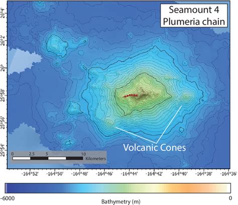 Color-shaded relief bathymetric map of Seamount 4 shows a conical ...