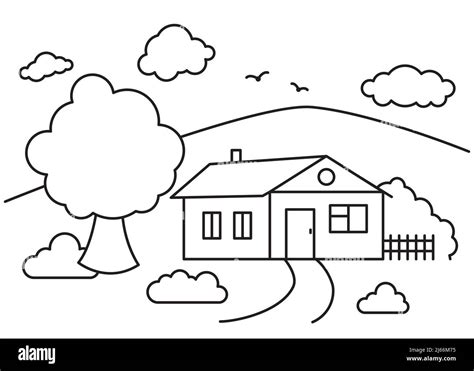 Line art landscape, village house, trees, plants, clouds and birds. Stroke, outline drawn ...