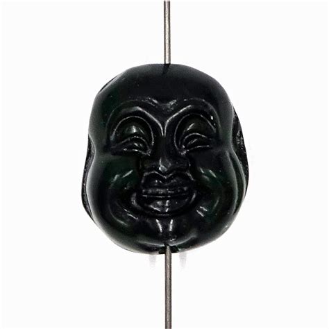 Large Carved Stone Smiling Buddha Beads Dark Green Black