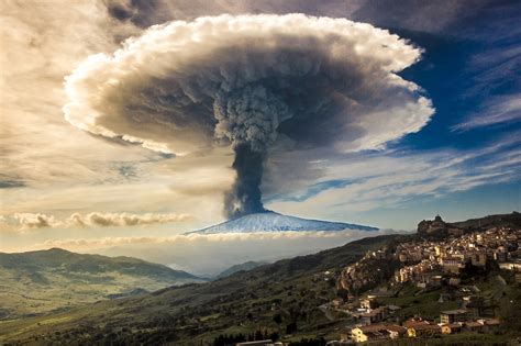 nature, Etna, Volcano, Eruption, Sicily, Italy, Snowy Peak, Mushroom, Smoke, Sky, Clouds, Town ...