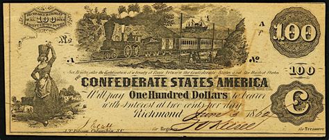 1862 $100 One Hundred Dollar Confederate States of America Richmond CSA Bank Note Bill ...