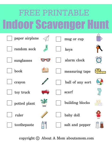 Free Indoor Scavenger Hunt Printable - About a Mom | Scavenger hunt, Indoor activities for kids ...