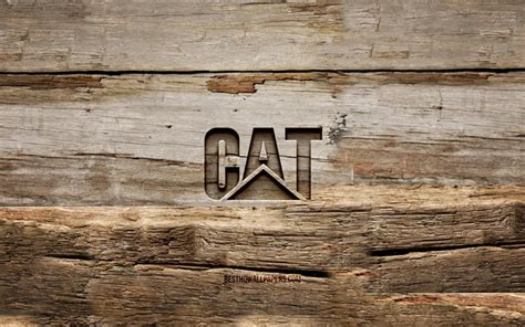 Download wallpapers Caterpillar wooden logo, 4K, wooden backgrounds ...