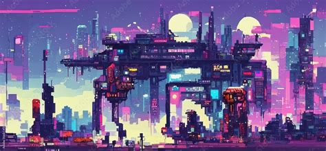 Cyberpunk city night. Retro futuristic pixel art composition. Future ...