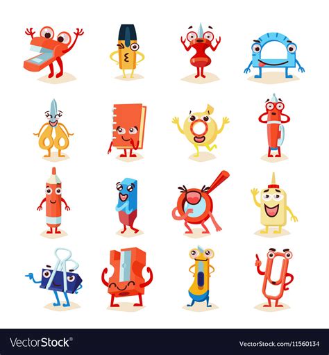 Funny Office Supplies Icons Set Royalty Free Vector Image