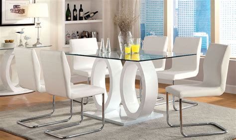 Lodia I White Glass Top Rectangular Pedestal Dining Room Set from Furniture of America (CM3825WH ...