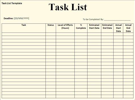 Task list template - Free Formats Excel Word