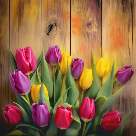 Premium AI Image | A painting of tulips with yellow, pink, and purple on the bottom.