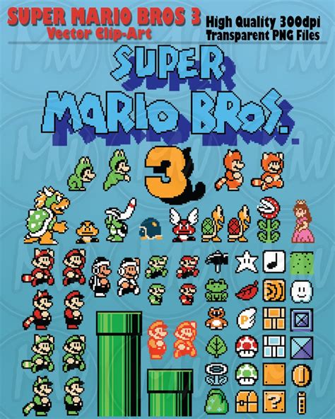 Super Mario Bros 3, Clipart, Mario, Pixels, 8-bit, Vector, Classic, Game, Art, Digital, Stamp ...