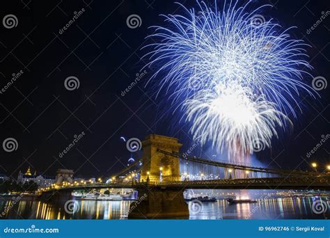 Fireworks in Budapest. View of the Illuminated Chain Bridge and Stock ...