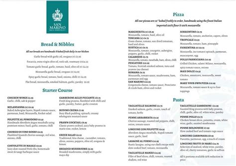 Menu at San Marino restaurant, Bolton