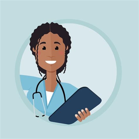 Premium Vector | African american nurse peeking around the corner and holding tablet for notes ...