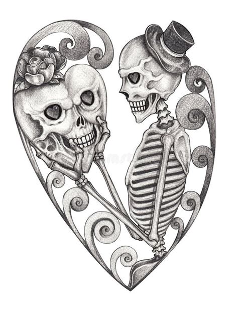 Skull Art in Love Day of the Dead .Hand Drawing on Paper. Stock Illustration - Illustration of ...