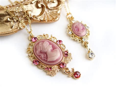 Antique Pink Cameo Necklace Victorian Cameo Necklace Gold Charm Cubic Zirconia Necklace Vintage ...