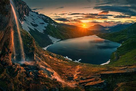 nature, Photography, Landscape, Waterfall, Lake, Mountains, Snow, Clouds, Sky, Norway, Sunrise ...