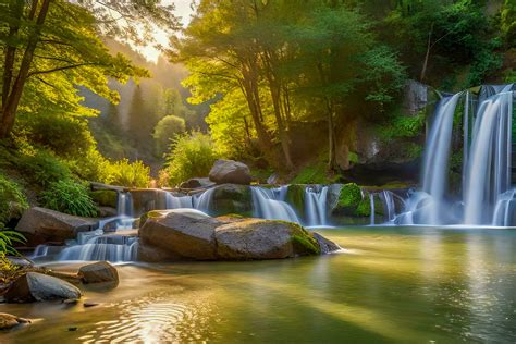 Waterfall nature background with soft sunshine and green forest created with technology 24318080 ...