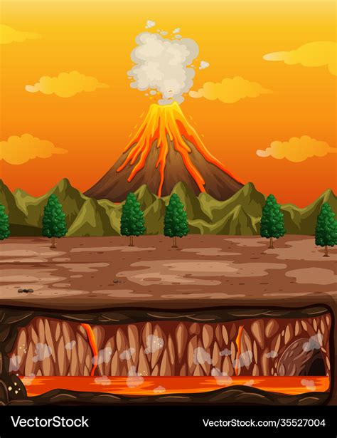 Volcano eruption and underground scene Royalty Free Vector