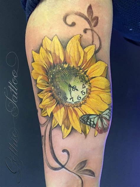 Clock In Sunflower Tattoo With Butterfly By Gothic Tattoo | Cover up tattoo | Pinterest ...