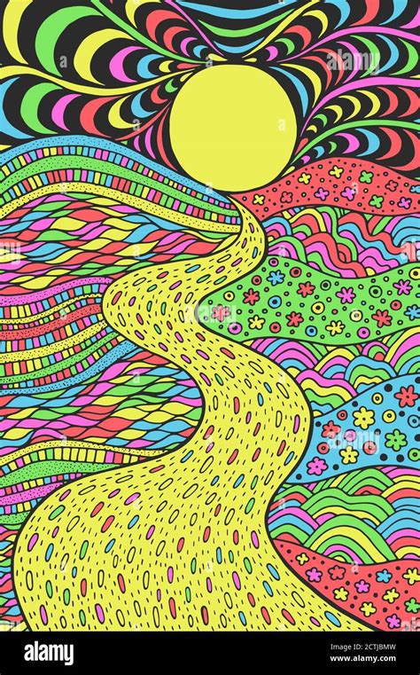 Psychedelic landscape. Colorful trippy artwork with line art. Pathway in meadows and waves ...