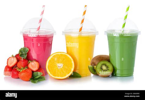 Fresh fruit juice smoothies drink drinks cups healthy eating isolated on a white background ...