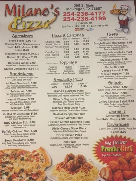 Menu at Milano's Pizza Mcgregor pizzeria, McGregor