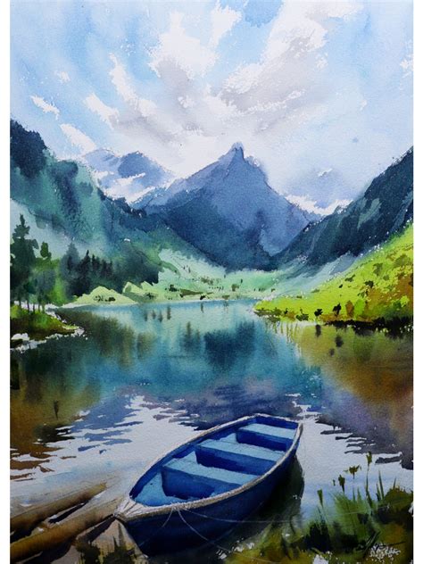 Boat on The Lake | Landscape View | Watercolor Painting by Achintya Hazra | Exotic India Art